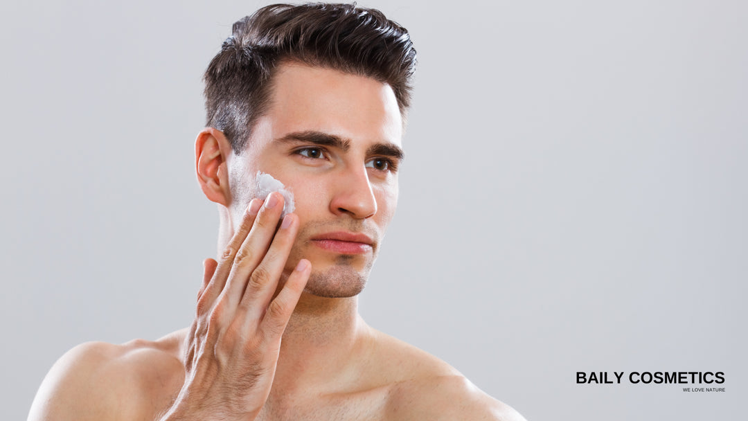 Caucasian male model washing his face, demonstrating the use of Baily Men's Organic Skin Care products.