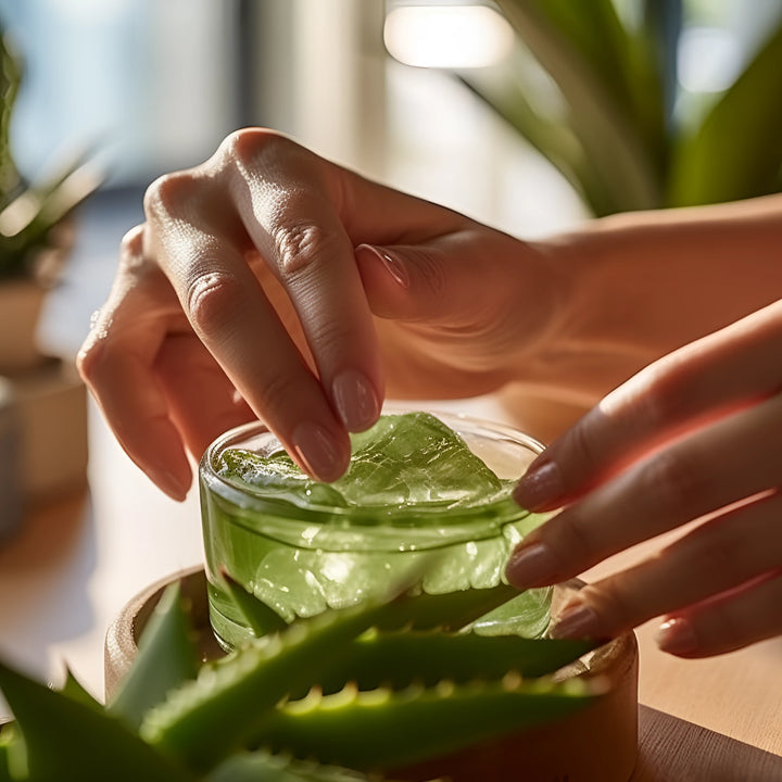 Close-up of a hand dipping into a jar of Baily 100% Pure Aloe Vera Gel