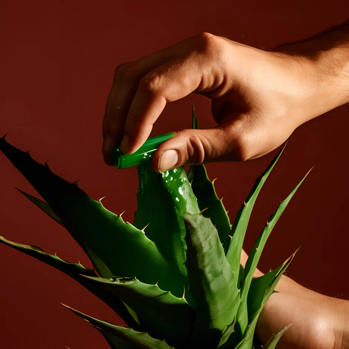 Hand gently touching an Aloe Vera plant, the main ingredient in Baily 100% Pure Aloe Vera Gel